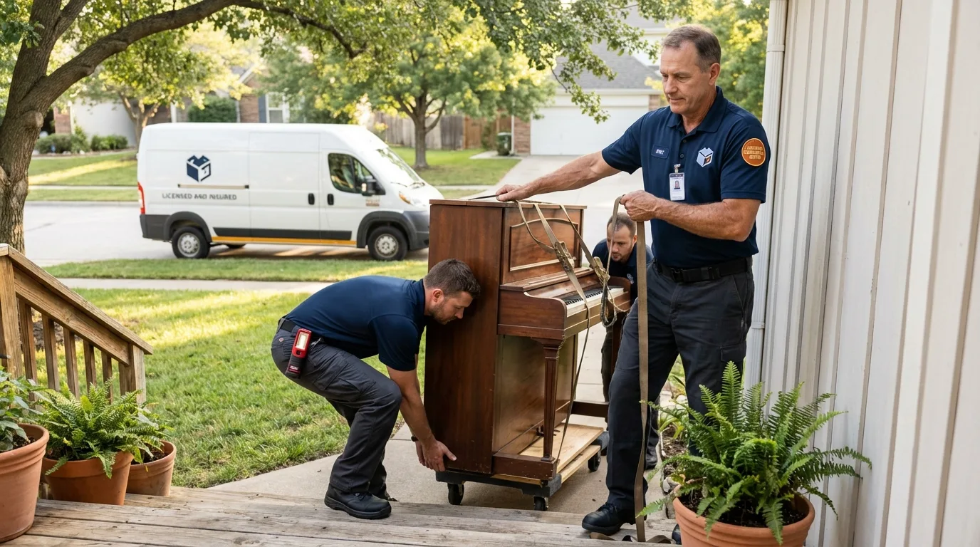 Licensed piano movers securing grand piano in Bixby, OK